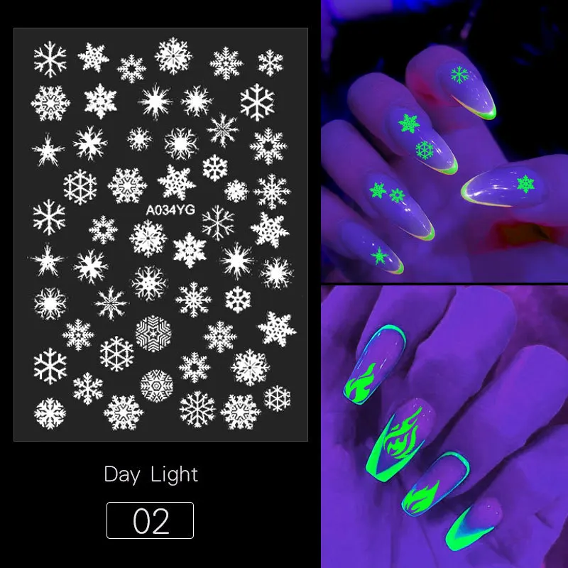 1 Sheet Nail Art 3D Adhesive Sticker Luminous Effect Halloween Party Night Glow In The Dark Snowflake Shining Tips DIY Decor