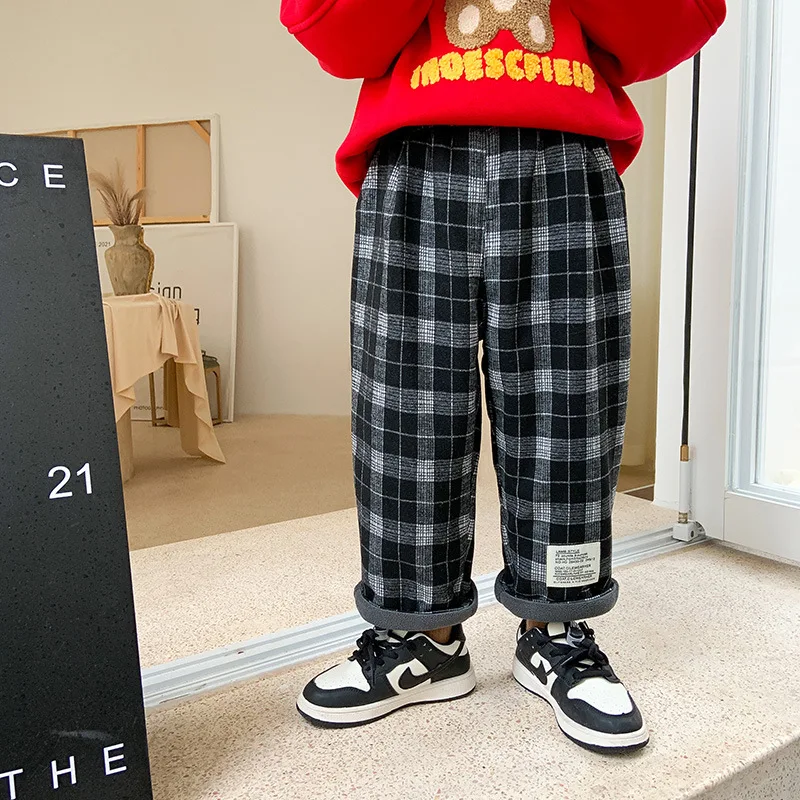 

Children winter warm thick plaid trousers Boys fashion inner fleece thicken straight pants