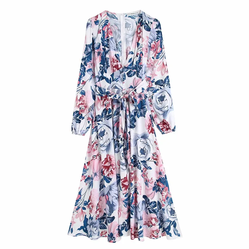 

Evfer Women Elegant Flower Print V-Neck Sprint Autumn Long Dresses Female Casual Long Sleeve High Waist Dress With Belt Chic