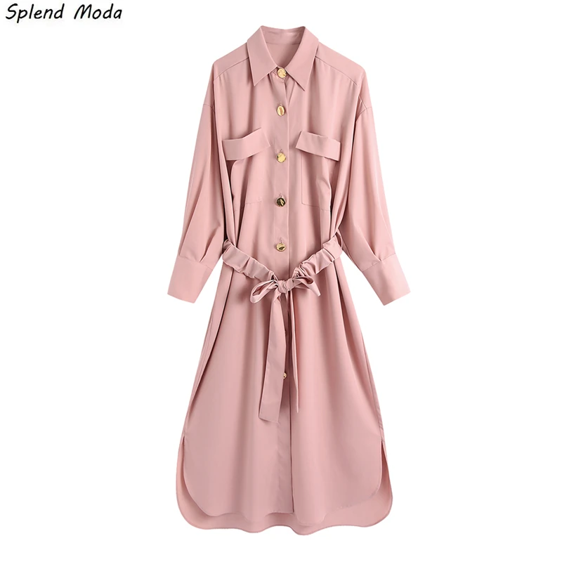 

Splend Moda Autumn Fashion Casual Loose Turn Down Collar Single-Breasted Sashes Belt Mid-Length Pink Skirt Solid Color Women