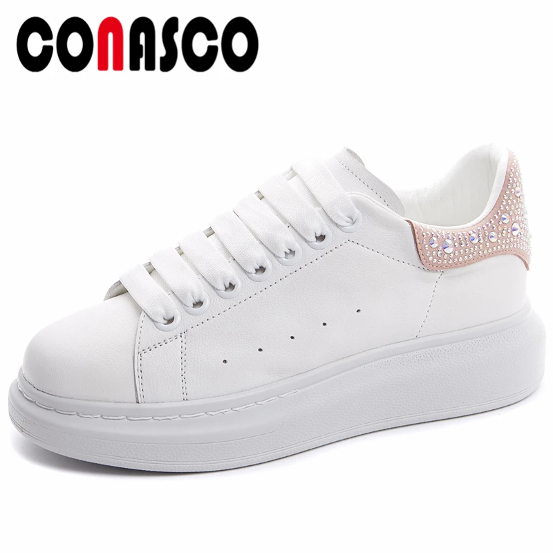 

CONASCO Genuine Leather Women Sneakers Fashion Leisure Round Toe Lace-Up Spring Summer Rhinestone Platforms Flats Shoes Woman