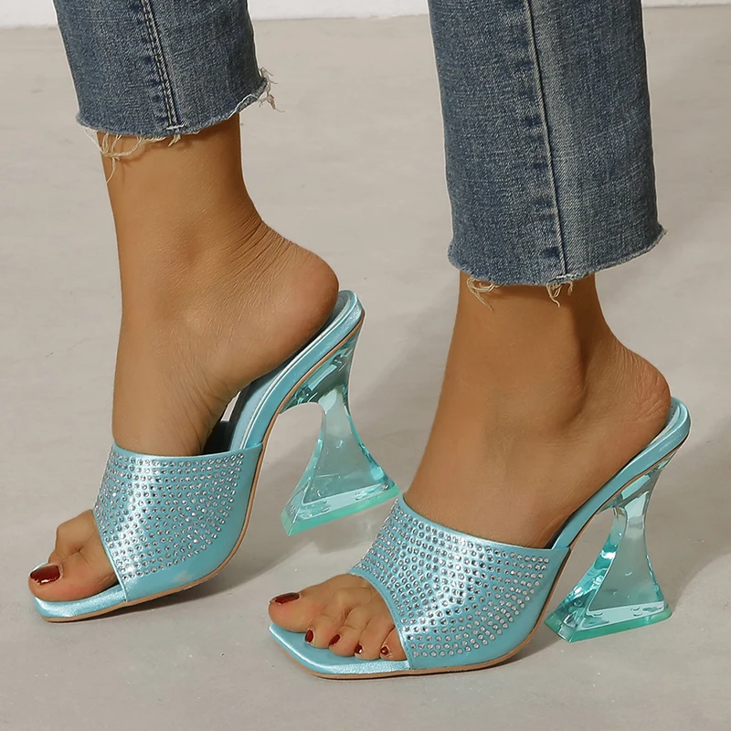 

2022 New Big Size Women Pumps Fashion Spike Heels Slippers Rhinestone Slides Female Square Toe Casual Sandals Ladies Sexy Pumps