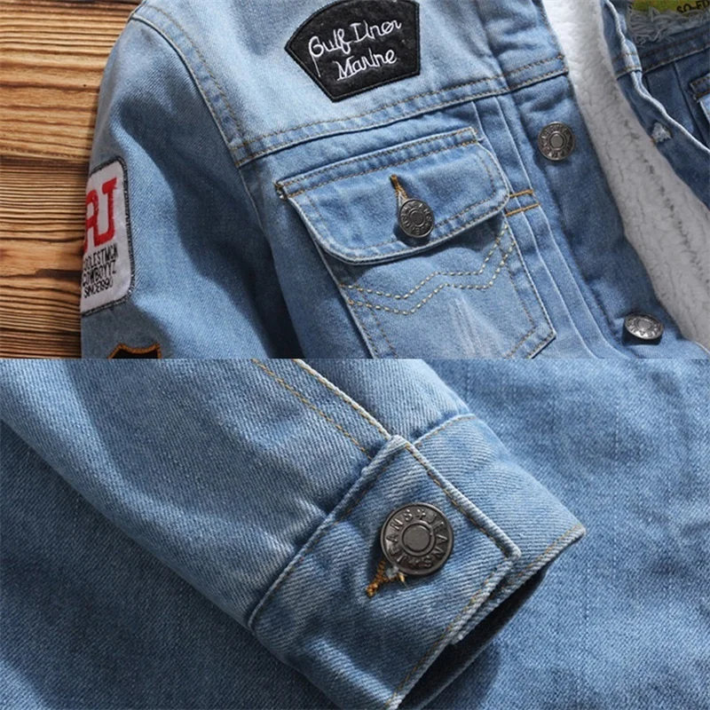 

Men Printed Streetwear Outwear Denim Jacket Men Winter Slim Fit Vintage Casual Warm Fur Lined Jean Coat Male Motorcyle Jackets