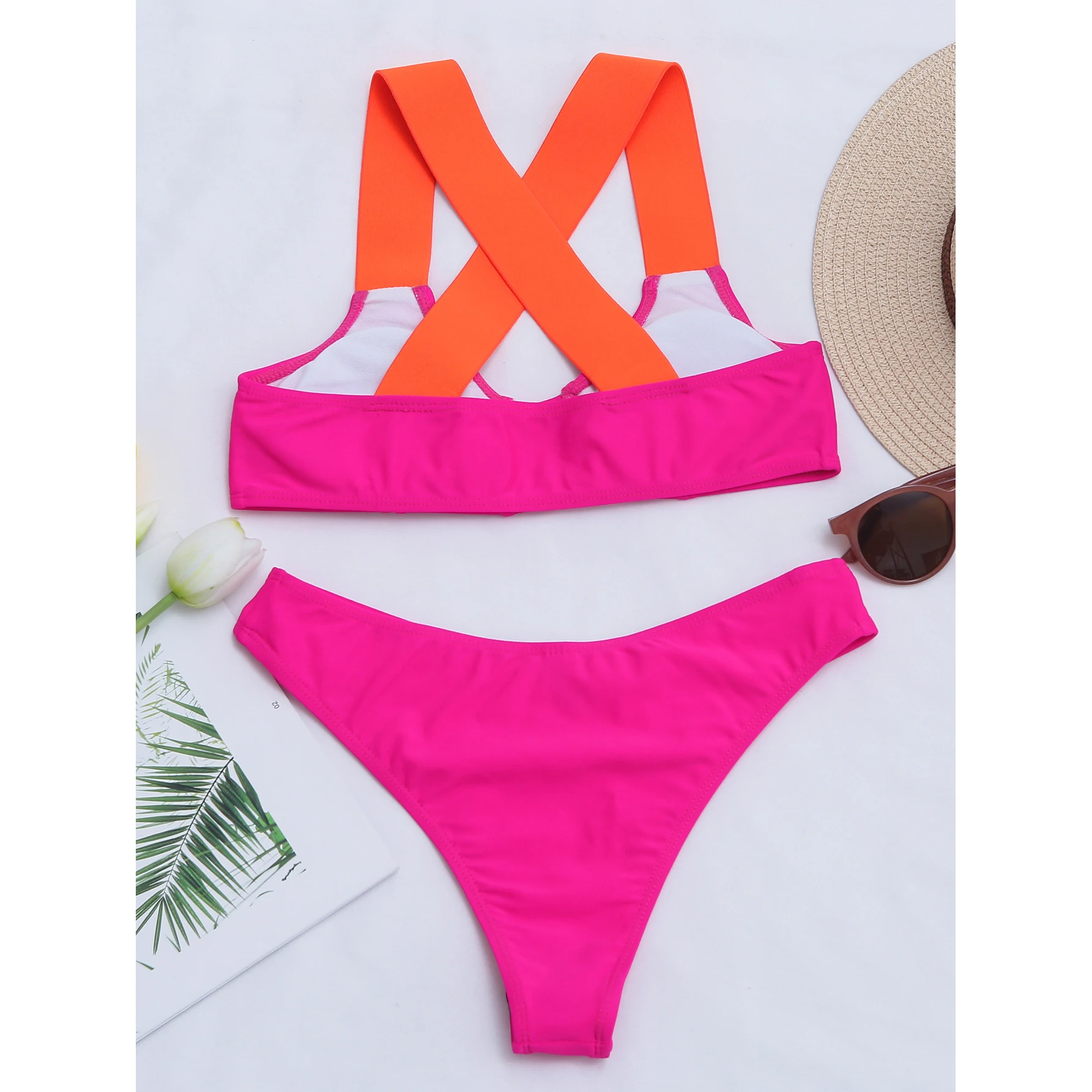 

New Sexy bikini set Solid color 2piece womens swimsuit Cross bandage Splicing swimwear Polyester Low waist push up Beachwear