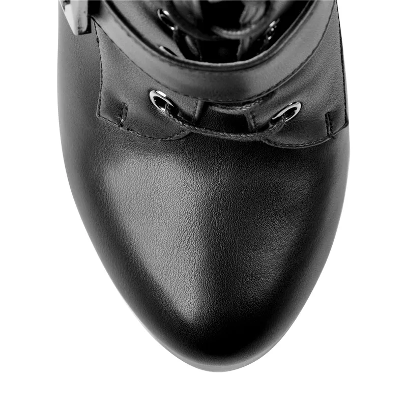 Onlymaker Women Black Matte Platform Ankle Zip Booties Round Heels Boots Fashion Heeled Metal Plates Buckle Boots