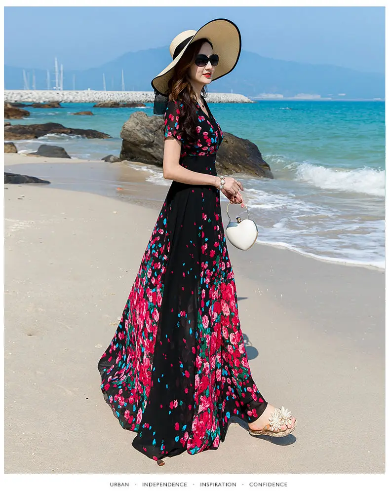 

2020 New Summer Middle Aaged Women Flower Print Chiffon Long Dress Female Beach Style Fashion V Neck Dresses Vestitos W176