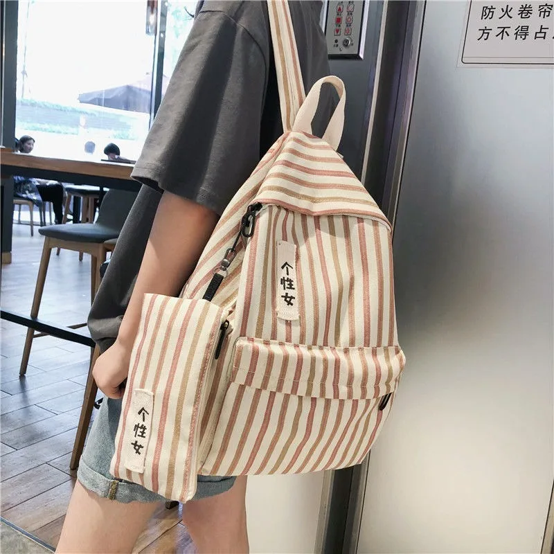 

Backpacks Women Striped Letter Printed Simple Large Capacity Leisure Students School Bags Travel Harajuku Canvas Ulzzang Fashion