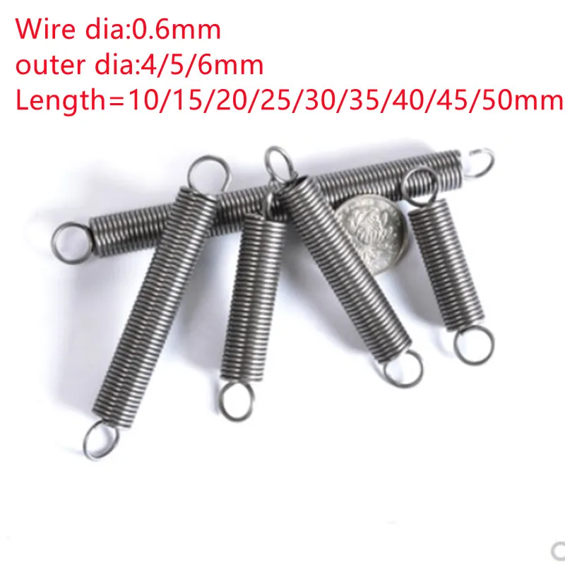 

10PCS 0.6 x 4/5/6 x 20/25/30/35/4045/50mm 0.6mm stainless steel Tension spring with a hook extension spring length 15mm to 60mm