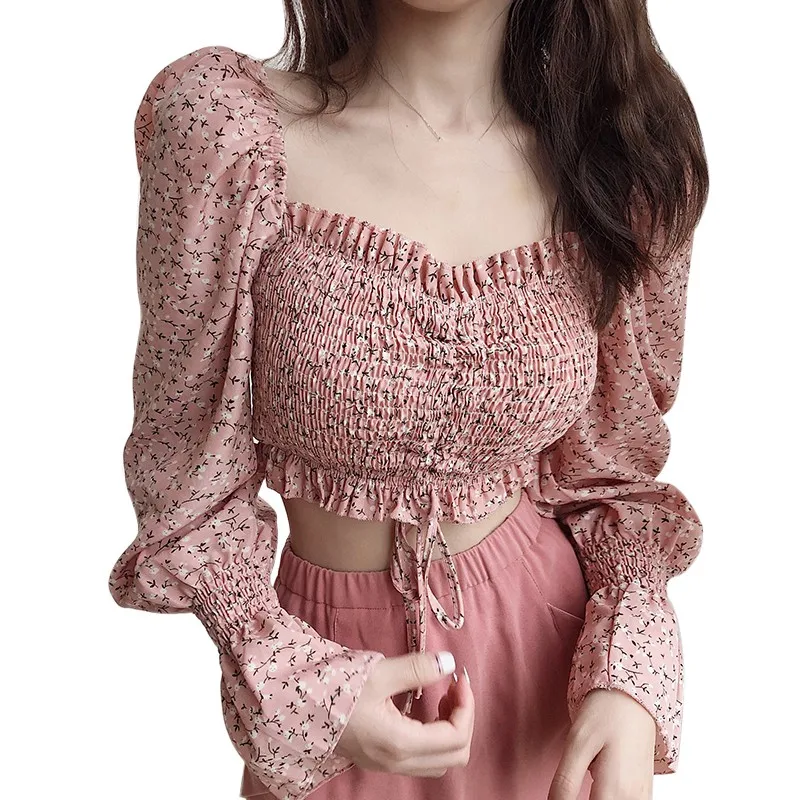 

X 4 Colors 2020 Square Collar Sexy Sweet Pleated Floral Print Short Chiffon Shirt