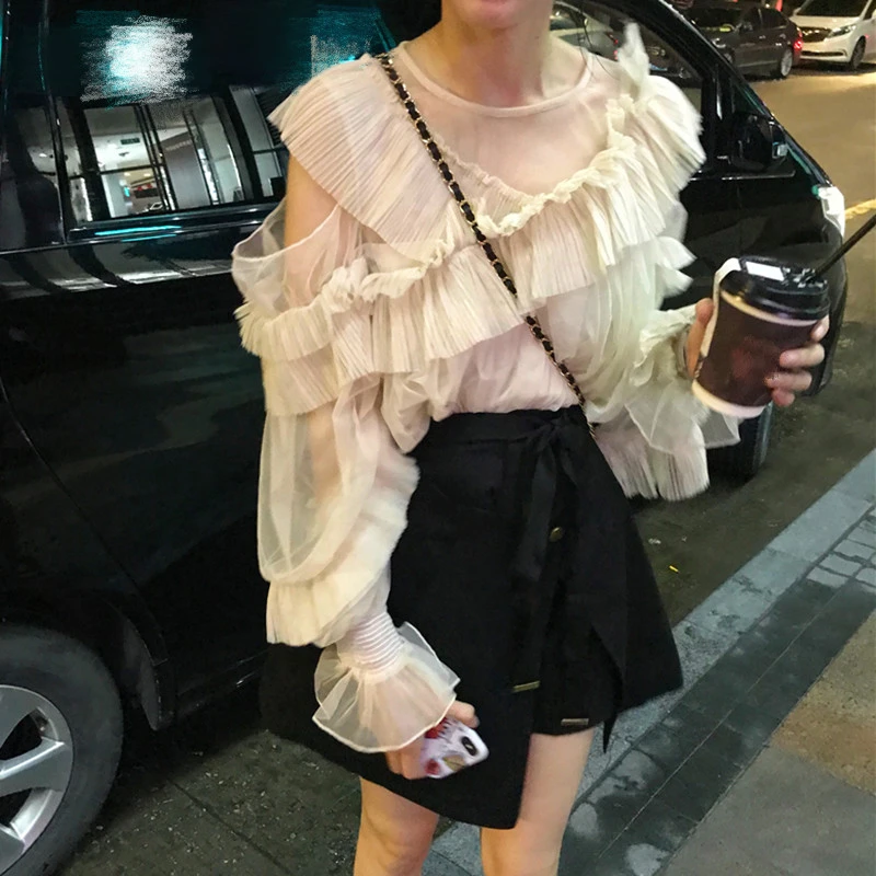 Рубашка RealShe женская летняя с о-образным вырезом длинным рукавом и оборками |