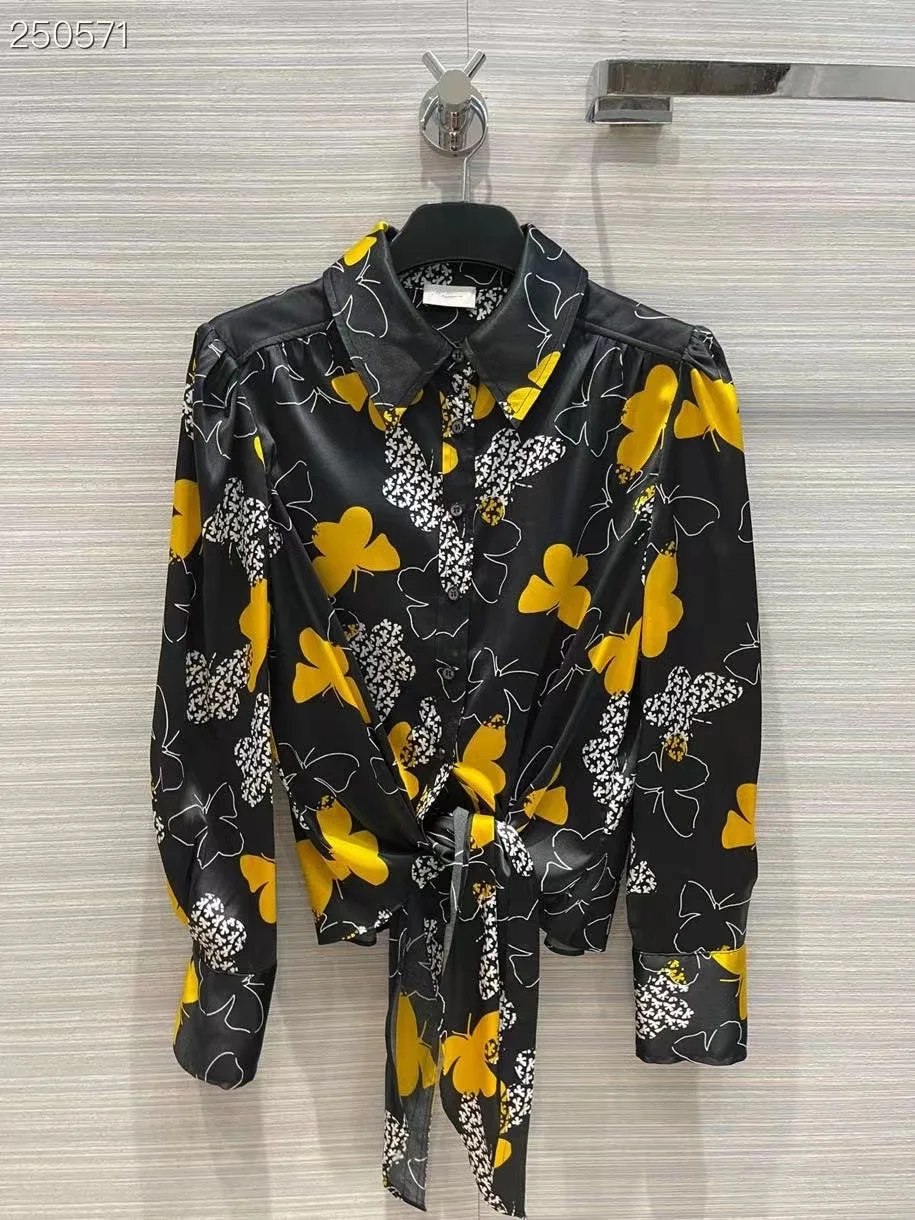 

Fashion Luxury Blouse 2022 Summer Spring New Design Women Runway Flowers Print High Quality Silk Single Breasted Blous
