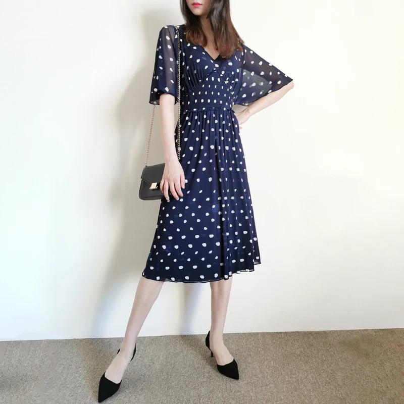 

Mesh Dot Print V Neck Midi Length Dress 2020 New Collections Batwing Sleeve Elegant Dress Slim Fit