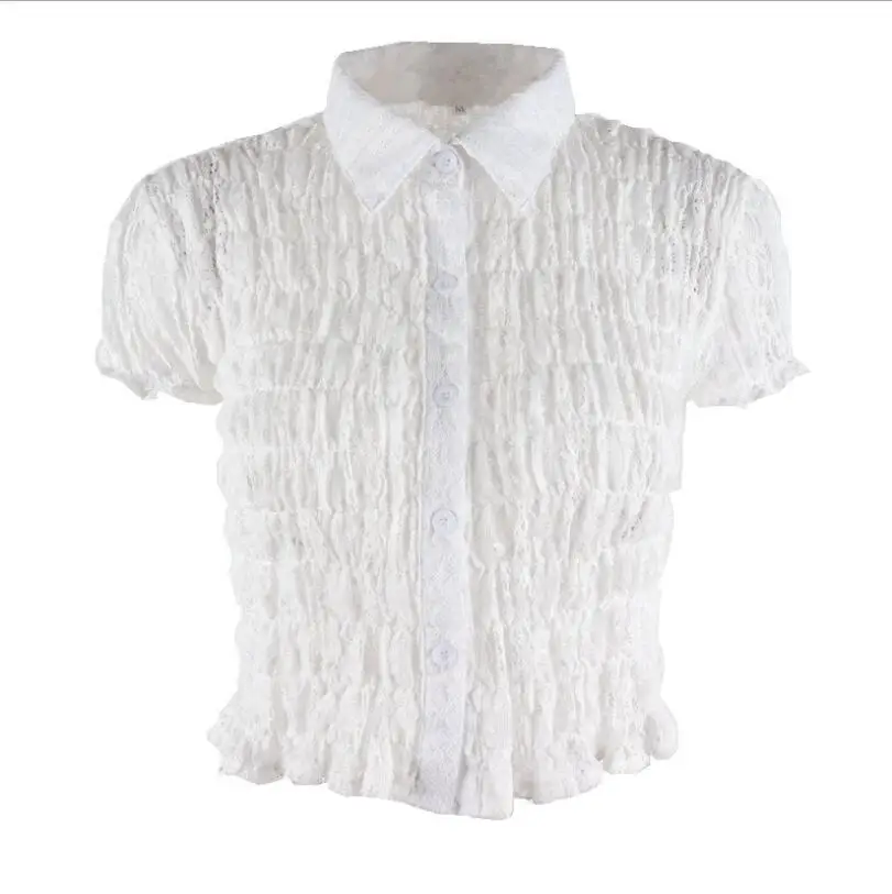 

2021 Summer Women's Sweet Lace Short Sleeve Polo Shirt Fashion Puff Sleeve Fungus T-shirt Temperament Commuter Ladies T-shirt