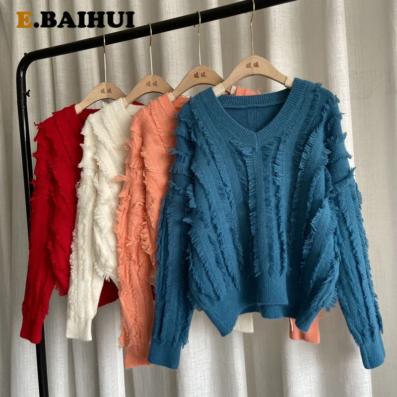 

EBAIHUI 2020 Winter Women's Pullovers Harajuku Kawaii Loose Wild Basic Sweater V Neck Female Casual Jumper Retro Pullover Tassel