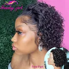 Парик короткий кудрявый с вырезом фальшивой, парики из человеческих волос с прозрачной кружевной сеткой, бразильские парики 13x1 T с кружевной частью для женщин, 180% плотность, волосы без повреждений