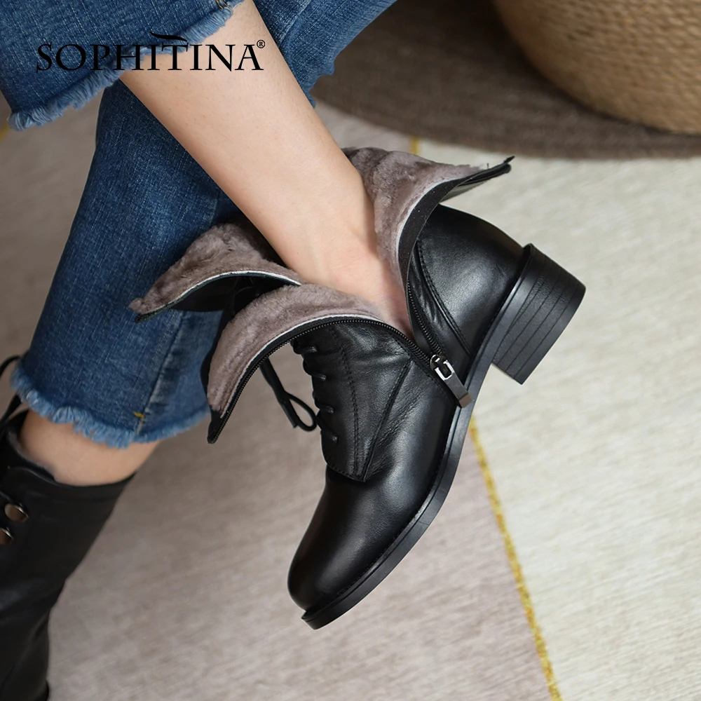 

Женские кожаные ботинки SOPHITINA, черные сапоги до середины икры, с шерстяной подкладкой, теплые, на весну/осень, WO814