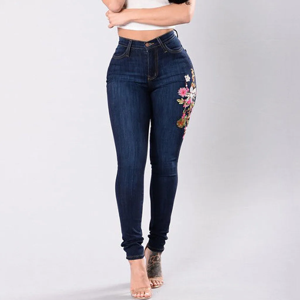 Модные женские туфли джинсы с вышивкой на пуговицах карманами и высокой посадкой