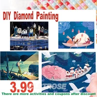 anime diamond painting figure round 5d diy boat with pink trees and abstract characters nordic style embroidery cross stitch