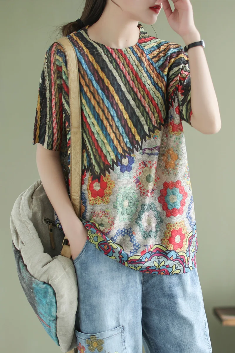 

Summer Thin Short Sleeve T-shirt Women's Stitching Printing Cotton Knitted Bottoming Shirt Female Loose Hollow Round Neck Top