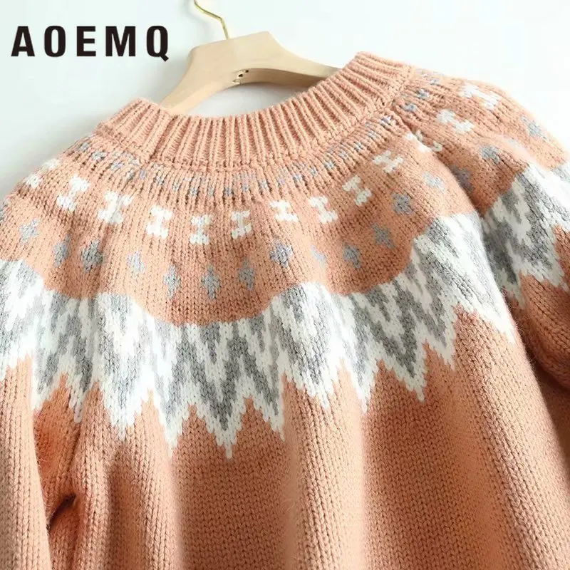 AOEMQ зимние свитера индийский народный винтажный принт женские розовый