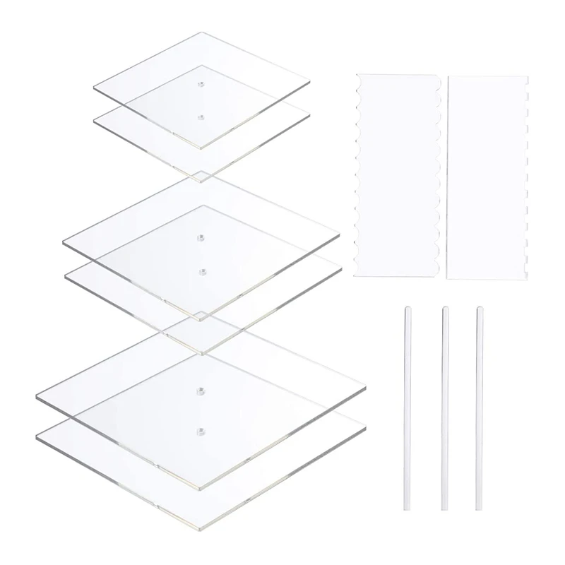 

Acrylic Square Cake Disk Set - Cake Discs Base Boards with Center Hole - Supplies for 3 Tier Cakes