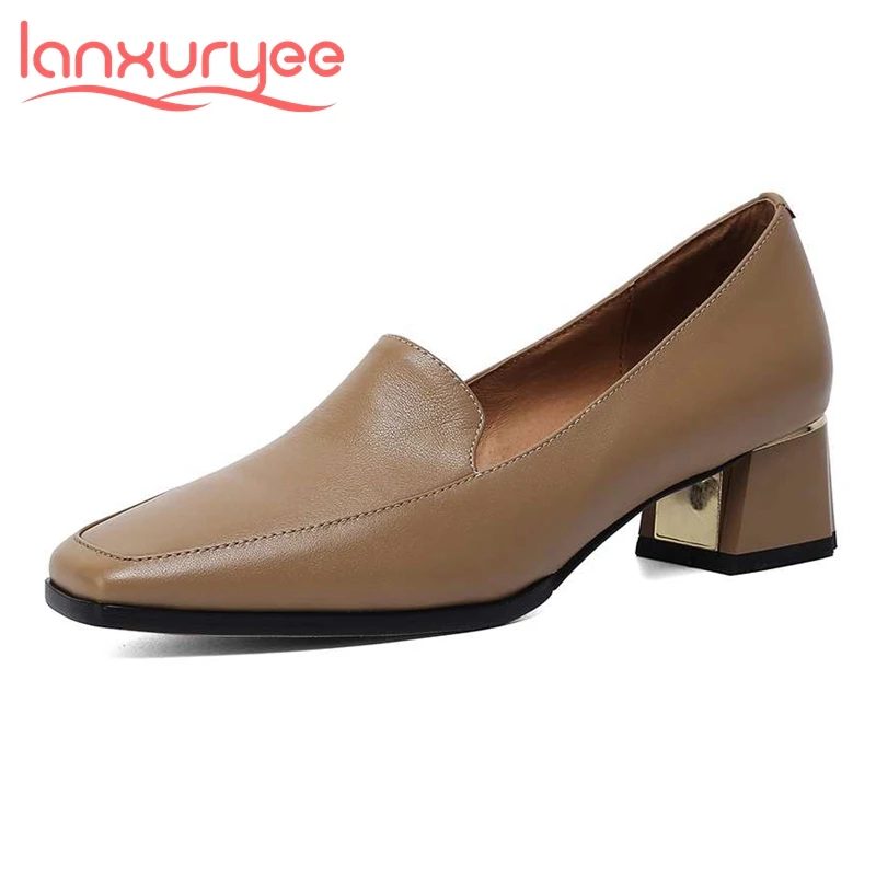 Lanxuryee 2021 genuine leather square toe med heel simple style solid gladiator retro fashion deep mouth slip on women pumps L18
