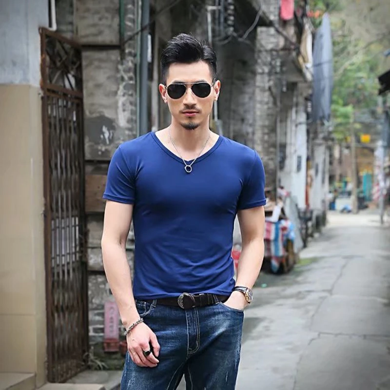 V neck Blue M& DE футболка для мужчин, футболки с коротким рукавом и v-образным вырезом, черные и белые футболки, летние спортивные футболки для бега, мужские повседневные футболки, camiseta mascu - Цвет: V neck Blue