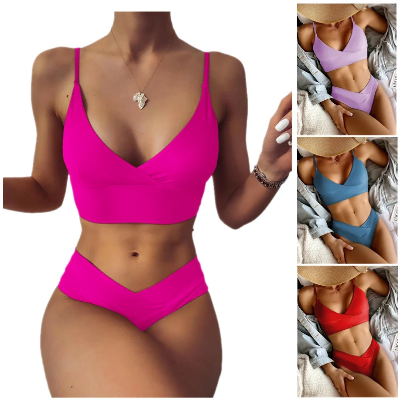 

Sexy Solid Bikini 2021 High Waist Comfort Strap Bathing Suit V Neck Padded Breathable Swimsuit NewSummer Beachwear Bikinis Mujer