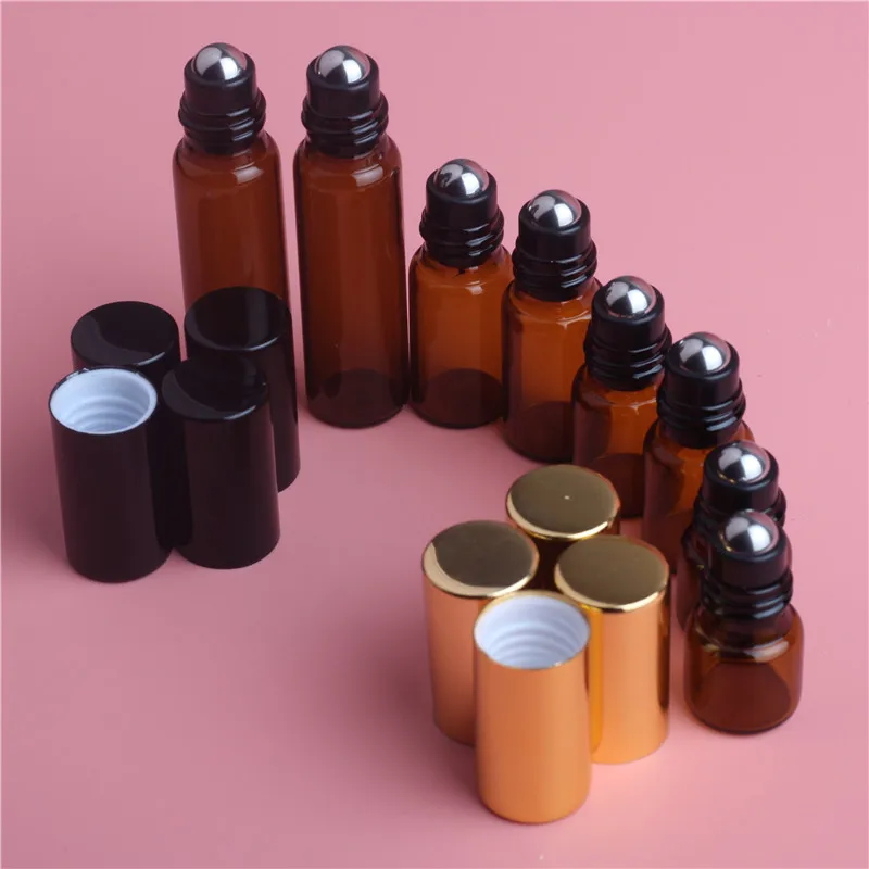 10Pcs 1ml 2ml 3ml 5ml 10ml Amber Thin Glass Roll on Bottle Sample Test Essential Oil Perfume Vials with Black Roller Metal Ball