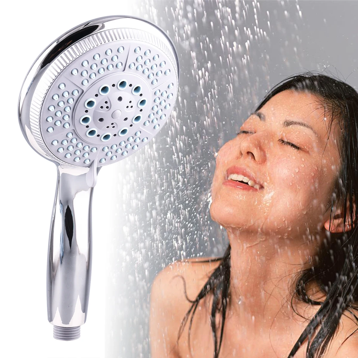 

Multifunctional 5 Mode Chrome Shower Handheld Bathroom Bath Handset Replaces Faceplate Water Saving High Round Shape