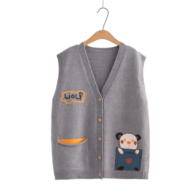 

Women Sweater Vest Cartoon Embroidery Kawaii Knit Pullover 2021 Winter V-neck Warm Coat Preppy Style Ladies Soft Jumpers Tops