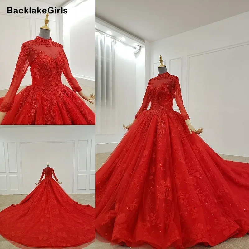 Красное винтажное свадебное платье из тюля с высоким воротом и длинным рукавом