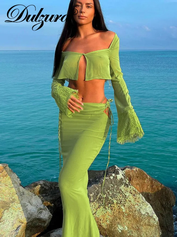 

Dulzura Lace Patchwork Women Chiffon Crop Top Lace Up Hollow Out Midi Skirt Set Sexy Streetwear Holiday Party Club 2021 Outfit