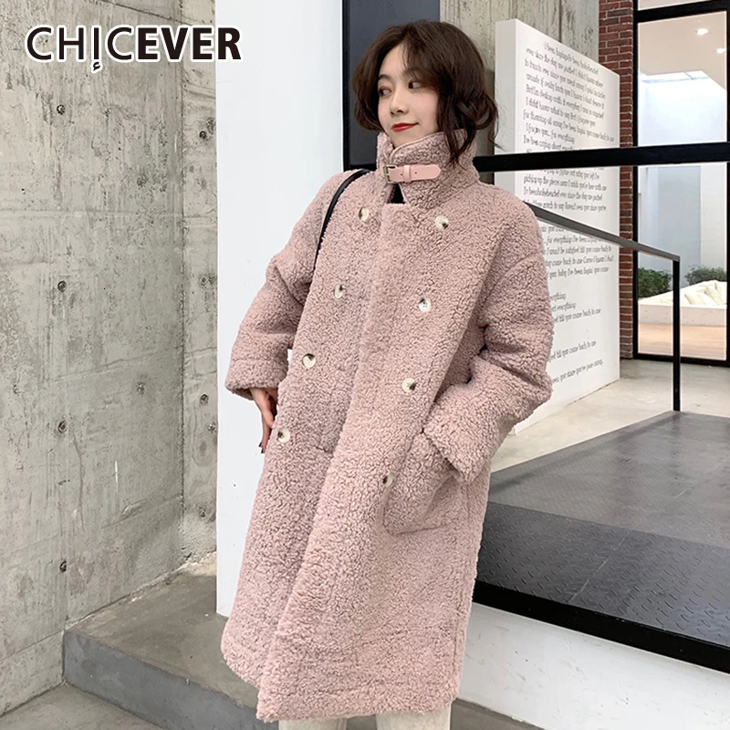 CHICEVER пальто из овечьей шерсти для женщин, водолазка с длинным рукавом и карманом, двубортное, толстое, Женское пальто, зимнее, размера плюс, модное