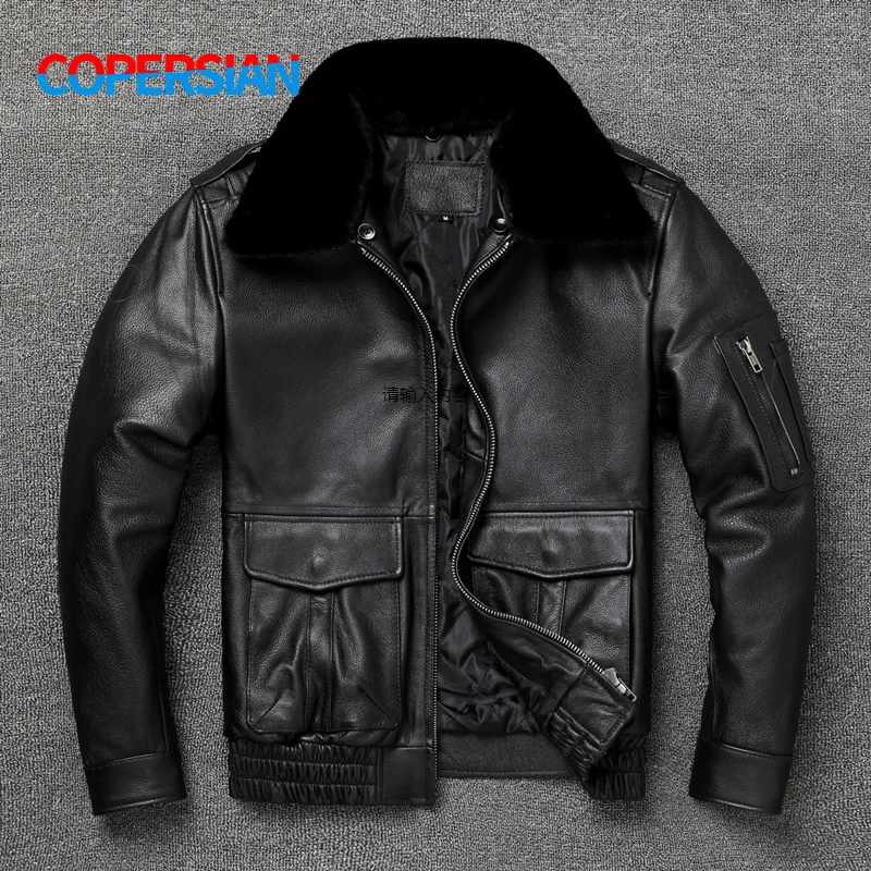 Men's  A2 Bomber Jacket Classic style oversize fur collar flight coat genuine leather jacket addition warm cotton