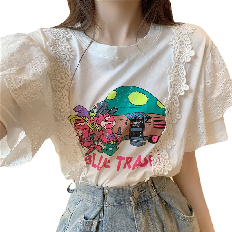 

Милая футболка с мультяшным принтом, женская летняя белая рубашка с коротким рукавом, новинка 2021, кружевная отделка с круглым вырезом, топ Y2k...