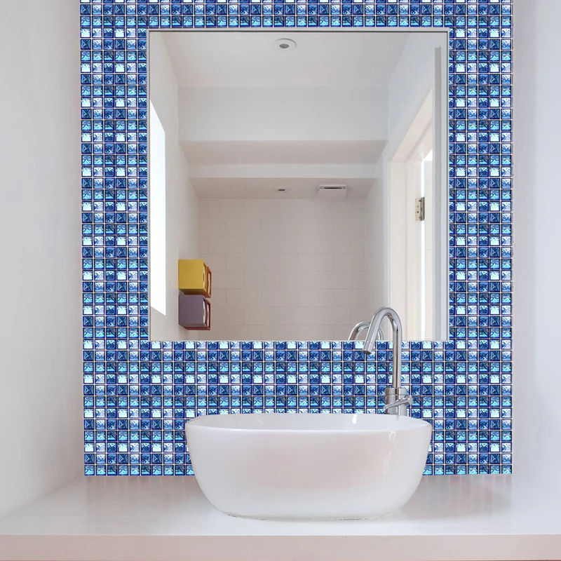 Blue Decorative Tiles Mosaic Sticker Art diy Kitchen Bathroom Grid Stickers 3d Self Adhesive Glass Mirror Poster Home Decor W220 | Дом и сад