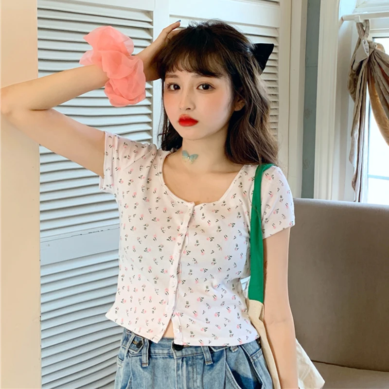 Женский короткий топ с коротким рукавом облегающий кардиган цветочным принтом в