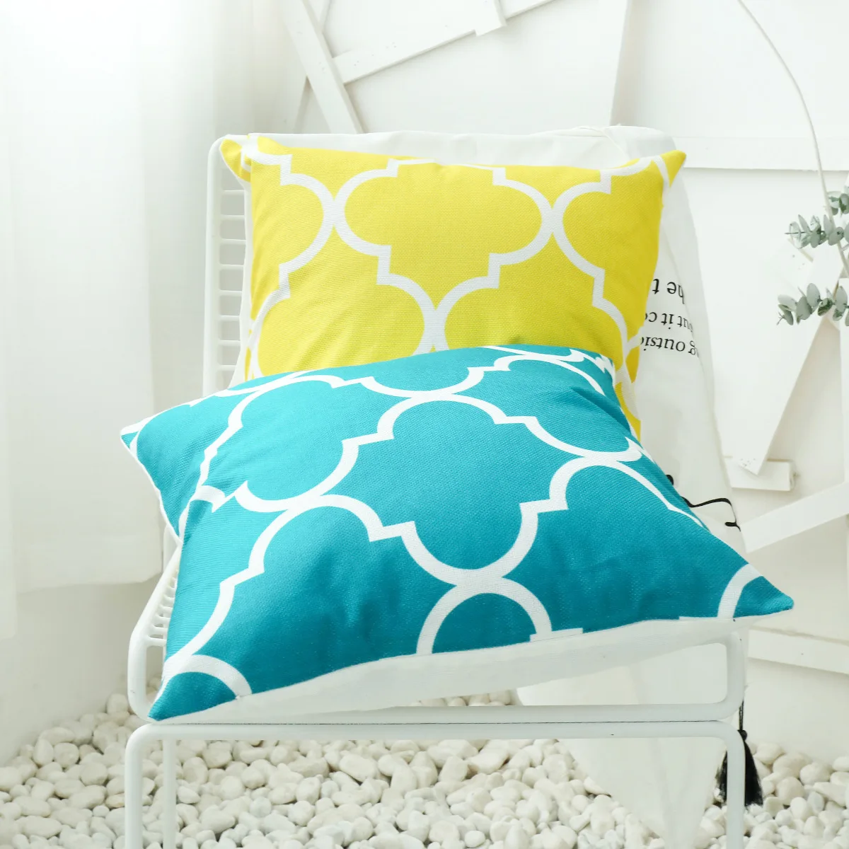 

Yellow Lake Blue Throw Pillows Household Striped Pillow Case Lattice Cushion Cover 45*45CM Car European Style Lumbar Pillow
