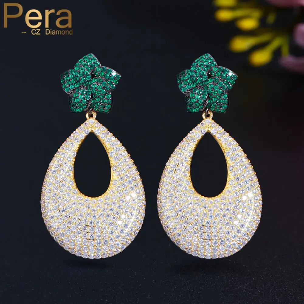 

Pera Elegant Micro Full CZ Zircon Long Big Green Flower Round Dangle Wedding Earrings for Women Engagement Party Jewerly E650