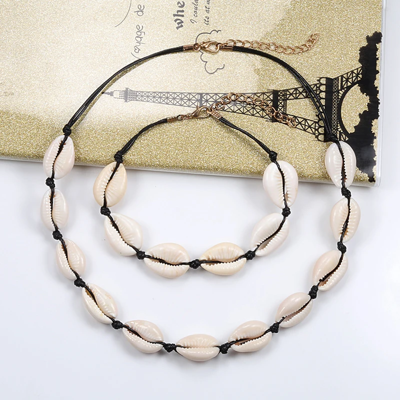 Bohemian 2pcs/set White Rope Natural Shell Bracelet Necklace Women Fashion Sea Cowrie Bracelets&ampBangles Jewelry Girl Accessories |