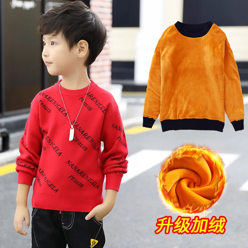 2019 Letter Print Boys Winter Sweater Kids Warm Pullovers Plush Inside Knitted Sweaters Children Velvet Jacket | Мать и ребенок