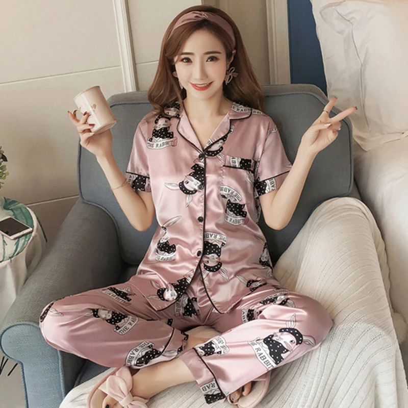 

Summer Ladies Short-sleeved Trousers Pajamas Set, Ice Silk Printed Pajamas Two-piece Set, Casual Home Ladies Pajamas Set