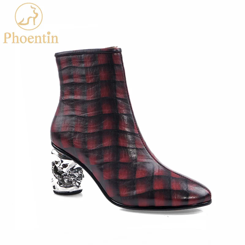 Phoentin/женские ботинки из овечьей кожи в мелкую клетку обувь на высоком каблуке с
