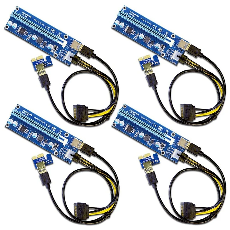 

4-Pack PCIe 6-Pin PCI-E 16X to 1X Powered Riser Adapter Card with 60cm USB 3.0 Extension Cable & 6-Pin PCI-E to SATA