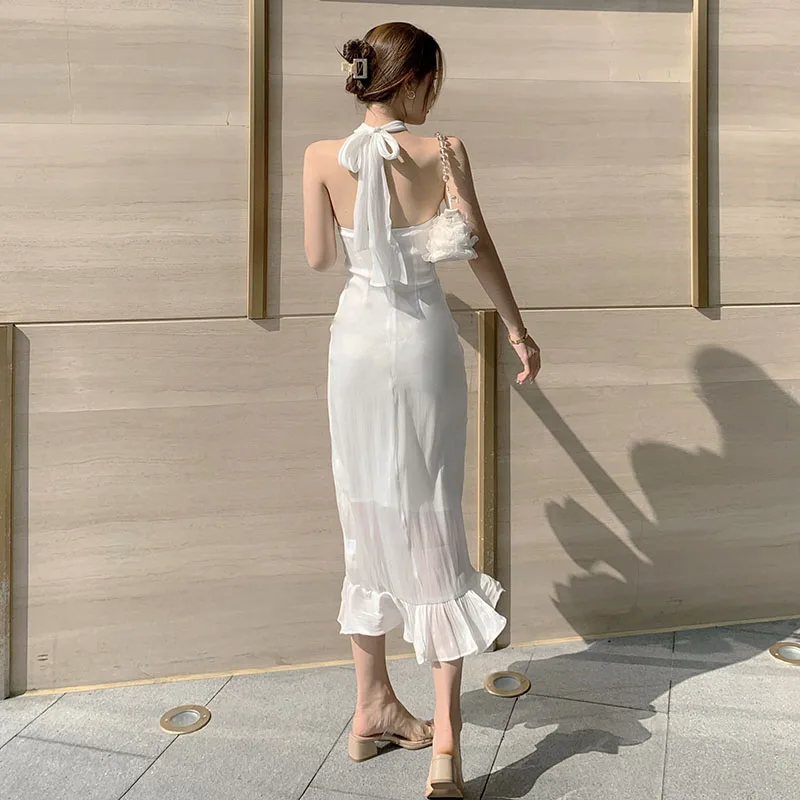 

2021 new arrival Satin Maxi White Ruffles Halter Sexy Sleeveless Dress Women Long Elegant Beach Vestidos