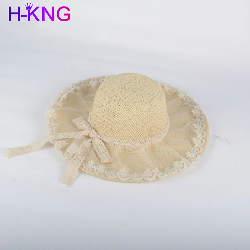 

2021 Summer Travel Lace Bowknot Ribbon Handmade Women's Straw Hat Small Fresh Seaside Vacation Sunscreen Beach Women's Hat