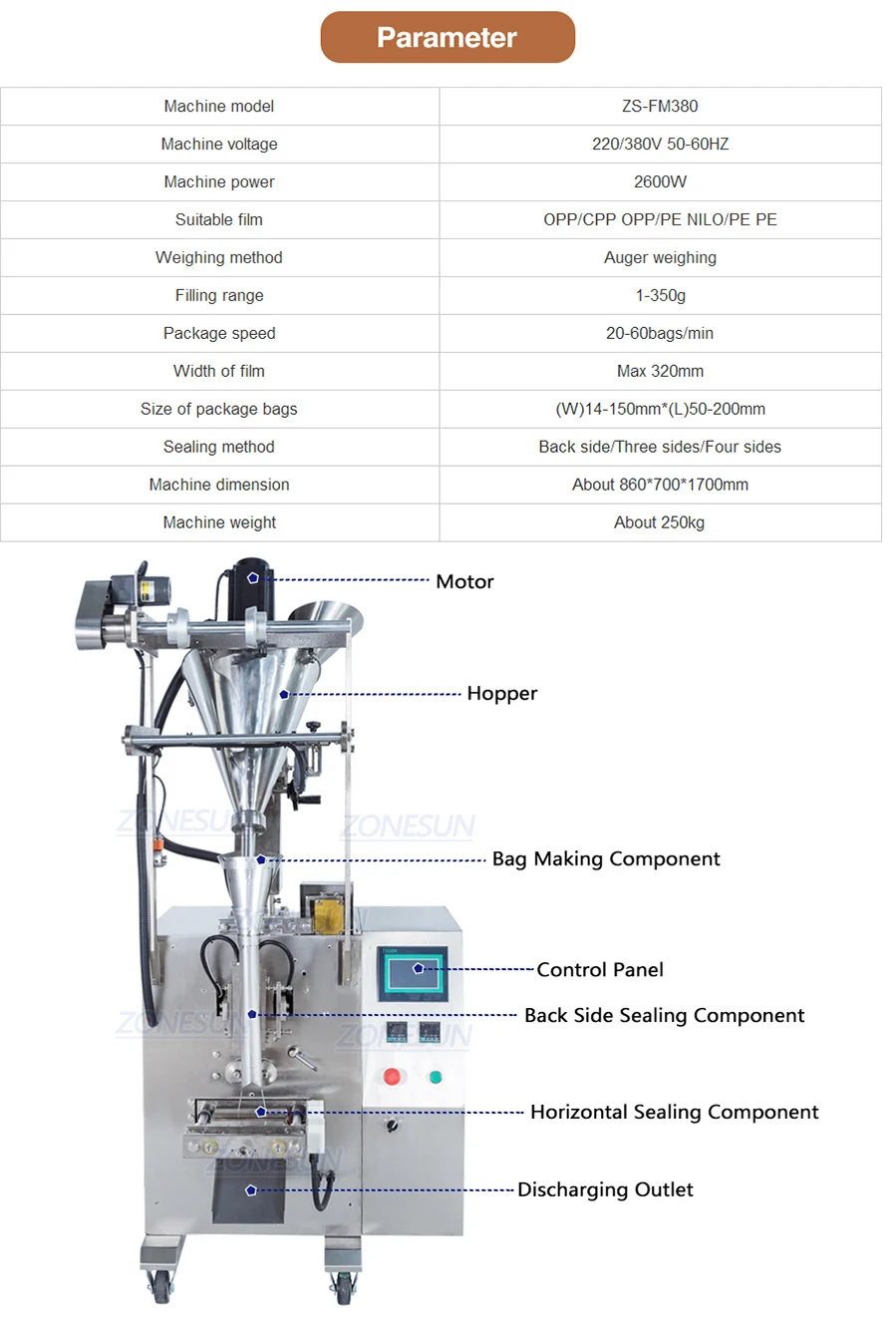 ZONESUN ZS-FM380  Automatic Powder Filling Weighing Sealing Machine 1-350g