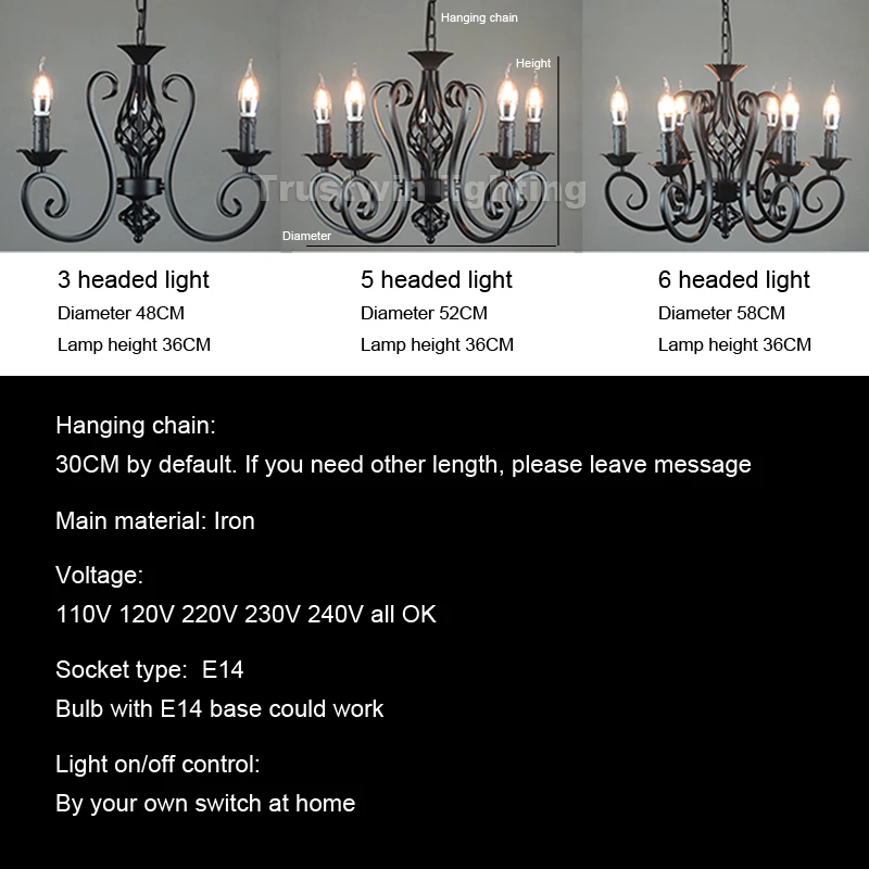 

Foyer Living Dinning Room Vintage 3 5 6 Lights Classic Iron LED Chandelier Lamp E14 LED Candle Light Black Blue Pink White AC