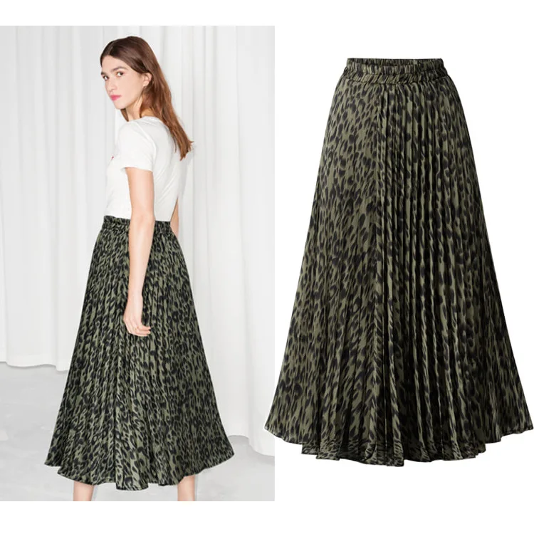 

Plus Size 5xl Skirt Women 2019 New Spring Autumn European Style Leopard Print Elastic High Waist Long Pleated Midi Skirt Faldas